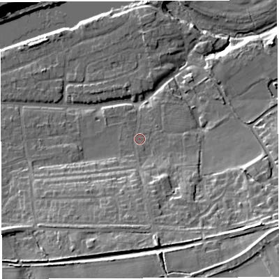 Shaded relief map of the ground around WA42JQ, computed from Environment Agency LiDAR. The ground here sits at about 12 m above sea level and falls 21 m across the surrounding 800 m. Surface water reaching this point runs off ground lying to the south, 10.1 m higher.