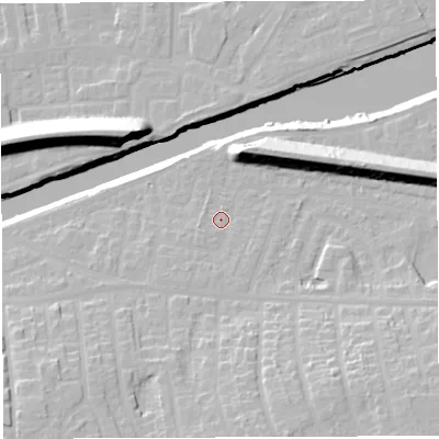 Shaded relief map of the ground around WA42LP, computed from Environment Agency LiDAR. The ground here sits at about 13 m above sea level and falls 22 m across the surrounding 800 m. Surface water reaching this point runs off ground lying to the south-south-west, 2.9 m higher.