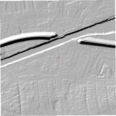 Shaded relief map of the ground around WA42LR, computed from Environment Agency LiDAR. The ground here sits at about 13 m above sea level and falls 22 m across the surrounding 800 m. Surface water reaching this point runs off ground lying to the south, 3.1 m higher.