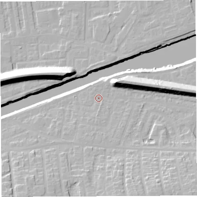 Shaded relief map of the ground around WA42LU, computed from Environment Agency LiDAR. The ground here sits at about 13 m above sea level and falls 22 m across the surrounding 800 m. Surface water reaching this point runs off ground lying to the north-east, 14.5 m higher.