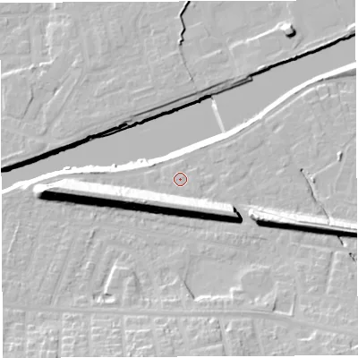 Shaded relief map of the ground around WA42NG, computed from Environment Agency LiDAR. The ground here sits at about 13 m above sea level and falls 22 m across the surrounding 800 m. Surface water reaching this point runs off ground lying to the south-south-west, 11.7 m higher.