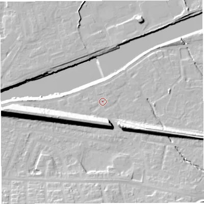 Shaded relief map of the ground around WA42NJ, computed from Environment Agency LiDAR. The ground here sits at about 13 m above sea level and falls 22 m across the surrounding 800 m. Surface water reaching this point runs off ground lying to the south-east, 11.8 m higher.