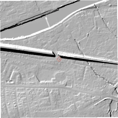Shaded relief map of the ground around WA42NL, computed from Environment Agency LiDAR. The ground here sits at about 14 m above sea level and falls 21 m across the surrounding 800 m. Surface water reaching this point runs off ground lying to the north-north-east, 11.7 m higher.
