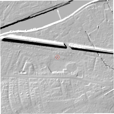Shaded relief map of the ground around WA42NN, computed from Environment Agency LiDAR. The ground here sits at about 14 m above sea level and falls 22 m across the surrounding 800 m. Surface water reaching this point runs off ground lying to the east-south-east, 6.5 m higher.