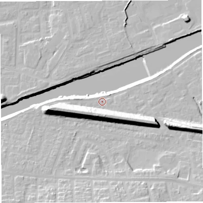 Shaded relief map of the ground around WA42NQ, computed from Environment Agency LiDAR. The ground here sits at about 12 m above sea level and falls 22 m across the surrounding 800 m. Surface water reaching this point runs off ground lying to the west-south-west, 14.3 m higher.