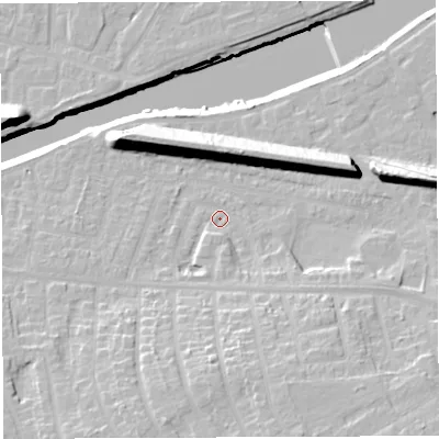 Shaded relief map of the ground around WA42NU, computed from Environment Agency LiDAR. The ground here sits at about 13 m above sea level and falls 22 m across the surrounding 800 m. Surface water reaching this point runs off ground lying to the south-south-east, 12.6 m higher.