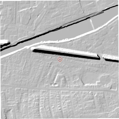 Shaded relief map of the ground around WA42NW, computed from Environment Agency LiDAR. The ground here sits at about 13 m above sea level and falls 22 m across the surrounding 800 m. Surface water reaching this point runs off ground lying to the north-north-east, 13.3 m higher.