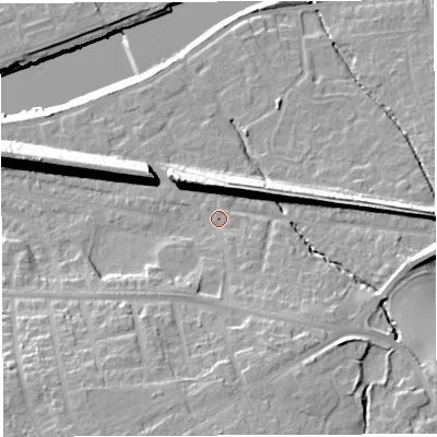 Shaded relief map of the ground around WA42QN, computed from Environment Agency LiDAR. The ground here sits at about 15 m above sea level and falls 21 m across the surrounding 800 m. Surface water reaching this point runs off ground lying to the north-north-east, 11.1 m higher.