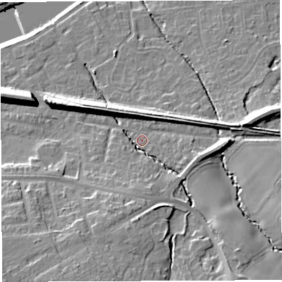 Shaded relief map of the ground around WA42QR, computed from Environment Agency LiDAR. The ground here sits at about 15 m above sea level and falls 21 m across the surrounding 800 m. Surface water reaching this point runs off ground lying to the south-south-east, 10.0 m higher.