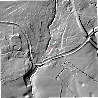 Shaded relief map of the ground around WA42SF, computed from Environment Agency LiDAR. The ground here sits at about 23 m above sea level and falls 22 m across the surrounding 800 m. Surface water reaching this point runs off ground lying to the west-south-west, 7.4 m higher.