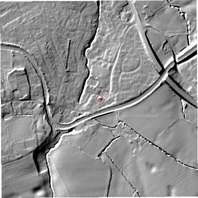 Shaded relief map of the ground around WA42SG, computed from Environment Agency LiDAR. The ground here sits at about 25 m above sea level and falls 20 m across the surrounding 800 m. Surface water reaching this point runs off ground lying to the east, 3.7 m higher.