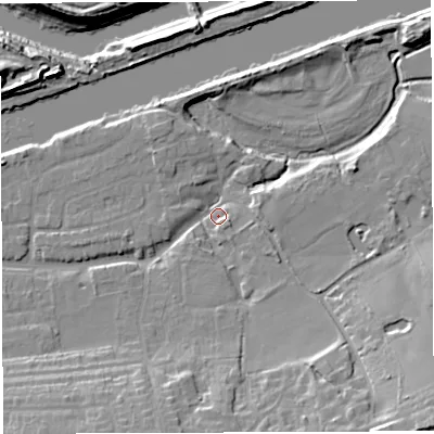 Shaded relief map of the ground around WA42SR, computed from Environment Agency LiDAR. The ground here sits at about 9 m above sea level and falls 19 m across the surrounding 800 m. Surface water reaching this point runs off ground lying to the south-south-east, 12.5 m higher.