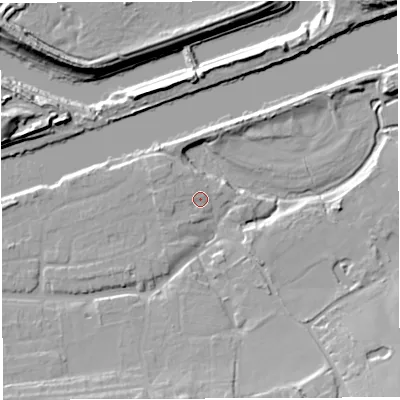 Shaded relief map of the ground around WA42SS, computed from Environment Agency LiDAR. The ground here sits at about 11 m above sea level and falls 16 m across the surrounding 800 m. Surface water reaching this point runs off ground lying to the west-north-west, 2.8 m higher.