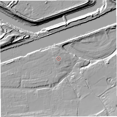 Shaded relief map of the ground around WA42ST, computed from Environment Agency LiDAR. The ground here sits at about 12 m above sea level and falls 16 m across the surrounding 800 m. Surface water reaching this point runs off ground lying to the west-south-west, 0.8 m higher.