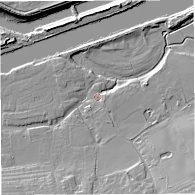 Shaded relief map of the ground around WA42SU, computed from Environment Agency LiDAR. The ground here sits at about 10 m above sea level and falls 20 m across the surrounding 800 m. Surface water reaching this point runs off ground lying to the south-south-east, 11.5 m higher.