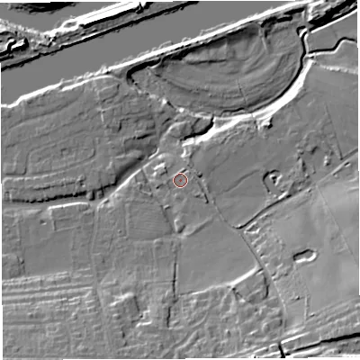 Shaded relief map of the ground around WA42SX, computed from Environment Agency LiDAR. The ground here sits at about 11 m above sea level and falls 21 m across the surrounding 800 m. Surface water reaching this point runs off ground lying to the south-south-east, 1.1 m higher.