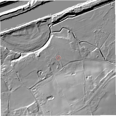 Shaded relief map of the ground around WA42TD, computed from Environment Agency LiDAR. The ground here sits at about 12 m above sea level and falls 19 m across the surrounding 800 m. Surface water reaching this point runs off ground lying to the east-south-east, 0.8 m higher.