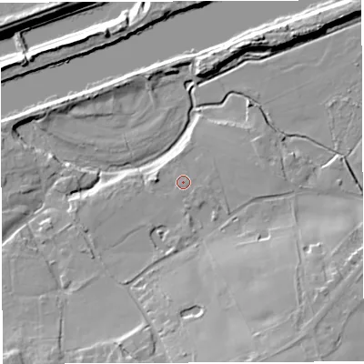 Shaded relief map of the ground around WA42TE, computed from Environment Agency LiDAR. The ground here sits at about 12 m above sea level and falls 19 m across the surrounding 800 m. Surface water reaching this point runs off ground lying to the south-east, 0.6 m higher.