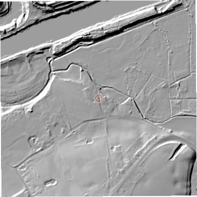 Shaded relief map of the ground around WA42TF, computed from Environment Agency LiDAR. The ground here sits at about 11 m above sea level and falls 18 m across the surrounding 800 m. Surface water reaching this point runs off ground lying to the south-west, 2.7 m higher.