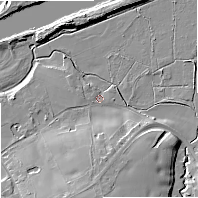 Shaded relief map of the ground around WA42TG, computed from Environment Agency LiDAR. The ground here sits at about 10 m above sea level and falls 18 m across the surrounding 800 m. Surface water reaching this point runs off ground lying to the south, 14.2 m higher.