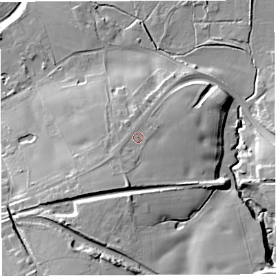 Shaded relief map of the ground around WA42TJ, computed from Environment Agency LiDAR. The ground here sits at about 22 m above sea level and falls 24 m across the surrounding 800 m. Surface water reaching this point runs off ground lying to the south-south-west, 3.2 m higher.