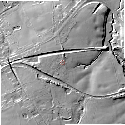 Shaded relief map of the ground around WA42TN, computed from Environment Agency LiDAR. The ground here sits at about 26 m above sea level and falls 26 m across the surrounding 800 m. Surface water reaching this point runs off ground lying to the west-south-west, 1.6 m higher.