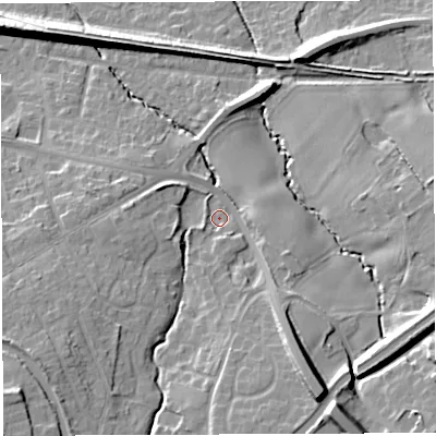 Shaded relief map of the ground around WA42TY, computed from Environment Agency LiDAR. The ground here sits at about 18 m above sea level and falls 19 m across the surrounding 800 m. Surface water reaching this point runs off ground lying to the south-south-east, 13.0 m higher.
