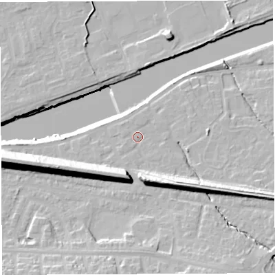Shaded relief map of the ground around WA42UB, computed from Environment Agency LiDAR. The ground here sits at about 13 m above sea level and falls 22 m across the surrounding 800 m. Surface water reaching this point runs off ground lying to the south-south-east, 11.8 m higher.
