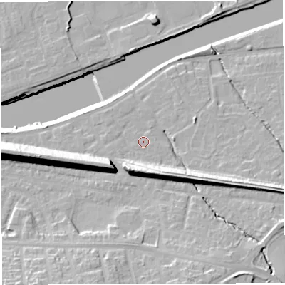 Shaded relief map of the ground around WA42UD, computed from Environment Agency LiDAR. The ground here sits at about 13 m above sea level and falls 21 m across the surrounding 800 m. Surface water reaching this point runs off ground lying to the east-south-east, 0.6 m higher.