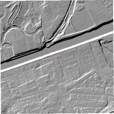 Shaded relief map of the ground around WA42UE, computed from Environment Agency LiDAR. The ground here sits at about 12 m above sea level and falls 21 m across the surrounding 800 m. Surface water reaching this point runs off ground lying to the south-east, 14.6 m higher.