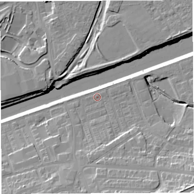 Shaded relief map of the ground around WA42UF, computed from Environment Agency LiDAR. The ground here sits at about 12 m above sea level and falls 22 m across the surrounding 800 m. Surface water reaching this point runs off ground lying to the south, 5.1 m higher.