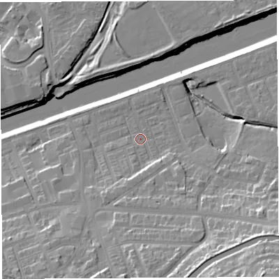 Shaded relief map of the ground around WA42UG, computed from Environment Agency LiDAR. The ground here sits at about 12 m above sea level and falls 28 m across the surrounding 800 m. Surface water reaching this point runs off ground lying to the south-south-west, 4.8 m higher.
