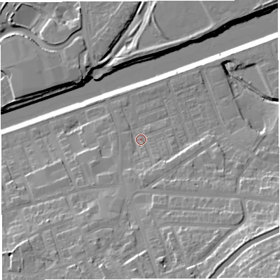 Shaded relief map of the ground around WA42UN, computed from Environment Agency LiDAR. The ground here sits at about 13 m above sea level and falls 28 m across the surrounding 800 m. Surface water reaching this point runs off ground lying to the south, 4.5 m higher.