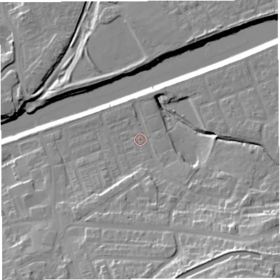 Shaded relief map of the ground around WA42UT, computed from Environment Agency LiDAR. The ground here sits at about 12 m above sea level and falls 25 m across the surrounding 800 m. Surface water reaching this point runs off ground lying to the south-south-east, 6.8 m higher.