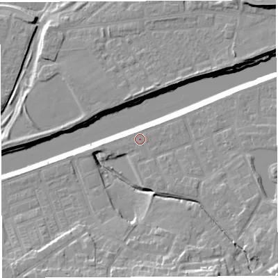 Shaded relief map of the ground around WA42UU, computed from Environment Agency LiDAR. The ground here sits at about 13 m above sea level and falls 17 m across the surrounding 800 m. Surface water reaching this point runs off ground lying to the east-south-east, 4.0 m higher.