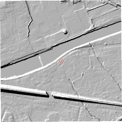 Shaded relief map of the ground around WA42XT, computed from Environment Agency LiDAR. The ground here sits at about 13 m above sea level and falls 21 m across the surrounding 800 m. Surface water reaching this point runs off ground lying to the south-south-east, 11.7 m higher.