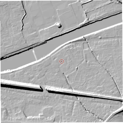 Shaded relief map of the ground around WA42XU, computed from Environment Agency LiDAR. The ground here sits at about 13 m above sea level and falls 21 m across the surrounding 800 m. Surface water reaching this point runs off ground lying to the south, 11.7 m higher.