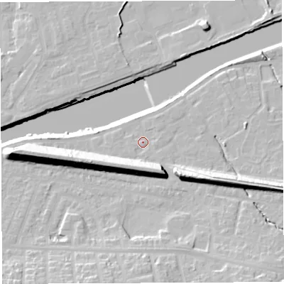 Shaded relief map of the ground around WA42XX, computed from Environment Agency LiDAR. The ground here sits at about 13 m above sea level and falls 22 m across the surrounding 800 m. Surface water reaching this point runs off ground lying to the south-west, 11.6 m higher.