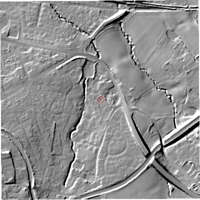 Shaded relief map of the ground around WA42YL, computed from Environment Agency LiDAR. The ground here sits at about 20 m above sea level and falls 18 m across the surrounding 800 m. Surface water reaching this point runs off ground lying to the south-south-east, 2.5 m higher.