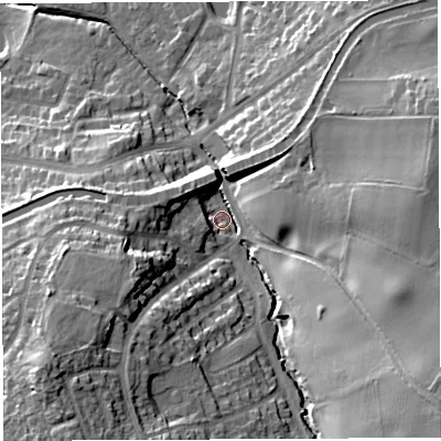 Shaded relief map of the ground around WA43DY, computed from Environment Agency LiDAR. The ground here sits at about 18 m above sea level and falls 30 m across the surrounding 800 m. Surface water reaching this point runs off ground lying to the south-west, 21.6 m higher.