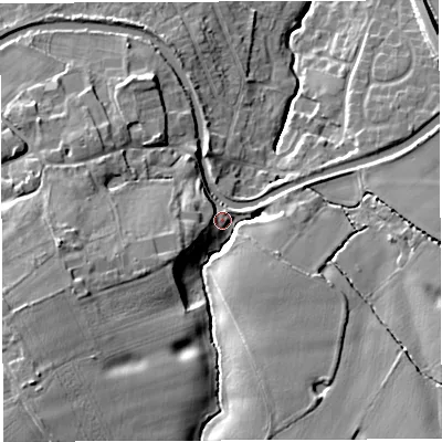 Shaded relief map of the ground around WA43EX, computed from Environment Agency LiDAR. The ground here sits at about 28 m above sea level and falls 25 m across the surrounding 800 m. Surface water reaching this point runs off ground lying to the south-west, 19.0 m higher.