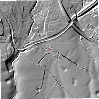 Shaded relief map of the ground around WA43EY, computed from Environment Agency LiDAR. The ground here sits at about 27 m above sea level and falls 19 m across the surrounding 800 m. Surface water reaching this point runs off ground lying to the south-south-east, 11.5 m higher.