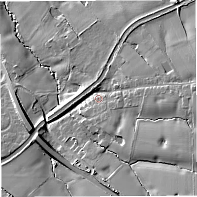 Shaded relief map of the ground around WA43JT, computed from Environment Agency LiDAR. The ground here sits at about 25 m above sea level and falls 21 m across the surrounding 800 m. Surface water reaching this point runs off ground lying to the east-south-east, 11.7 m higher.