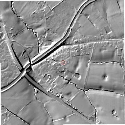 Shaded relief map of the ground around WA43JU, computed from Environment Agency LiDAR. The ground here sits at about 27 m above sea level and falls 23 m across the surrounding 800 m. Surface water reaching this point runs off ground lying to the east-south-east, 1.9 m higher.