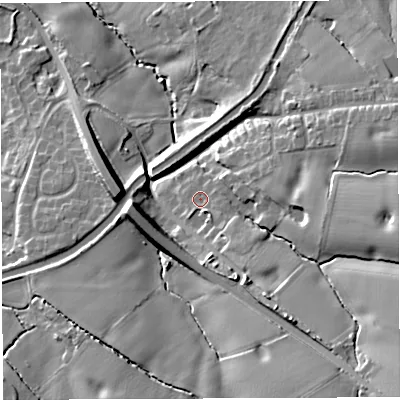 Shaded relief map of the ground around WA43LE, computed from Environment Agency LiDAR. The ground here sits at about 24 m above sea level and falls 21 m across the surrounding 800 m. Surface water reaching this point runs off ground lying to the south-east, 2.0 m higher.