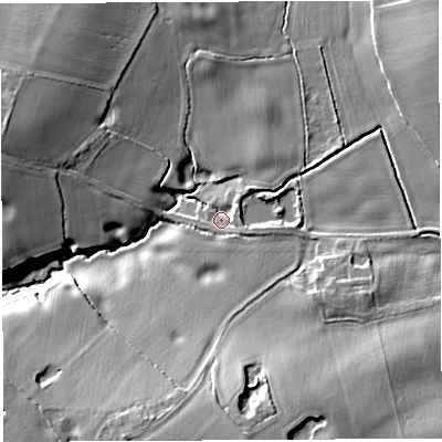 Shaded relief map of the ground around WA44EB, computed from Environment Agency LiDAR. The ground here sits at about 60 m above sea level and falls 16 m across the surrounding 800 m. Surface water reaching this point runs off ground lying to the east-south-east, 3.7 m higher.
