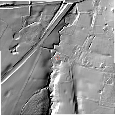 Shaded relief map of the ground around WA45HL, computed from Environment Agency LiDAR. The ground here sits at about 28 m above sea level and falls 39 m across the surrounding 800 m. Surface water reaching this point runs off ground lying to the south-east, 2.5 m higher.