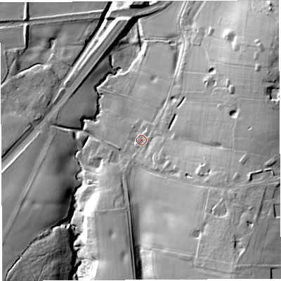 Shaded relief map of the ground around WA45LN, computed from Environment Agency LiDAR. The ground here sits at about 30 m above sea level and falls 34 m across the surrounding 800 m. Surface water reaching this point runs off ground lying to the south-east, 4.0 m higher.