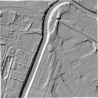 Shaded relief map of the ground around WA46AA, computed from Environment Agency LiDAR. The ground here sits at about 9 m above sea level and falls 11 m across the surrounding 800 m. Surface water reaching this point runs off ground lying to the south, 2.6 m higher.