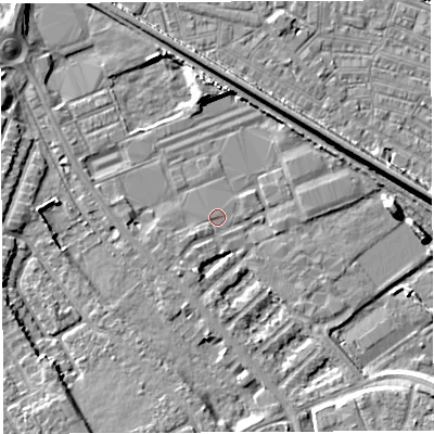 Shaded relief map of the ground around WA46AB, computed from Environment Agency LiDAR. The ground here sits at about 7 m above sea level and falls 9 m across the surrounding 800 m. Surface water reaching this point runs off ground lying to the south-south-west, 1.1 m higher.